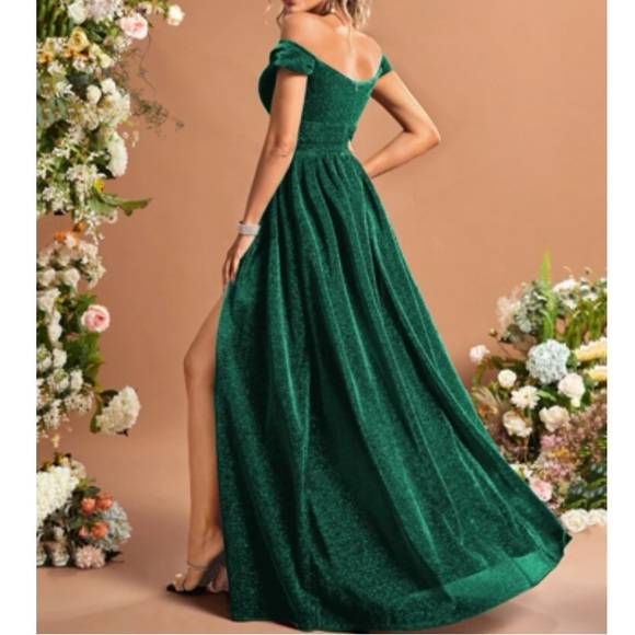 Luxe off shoulder slit thigh holidays party glitter dress - Picture 2 of 6